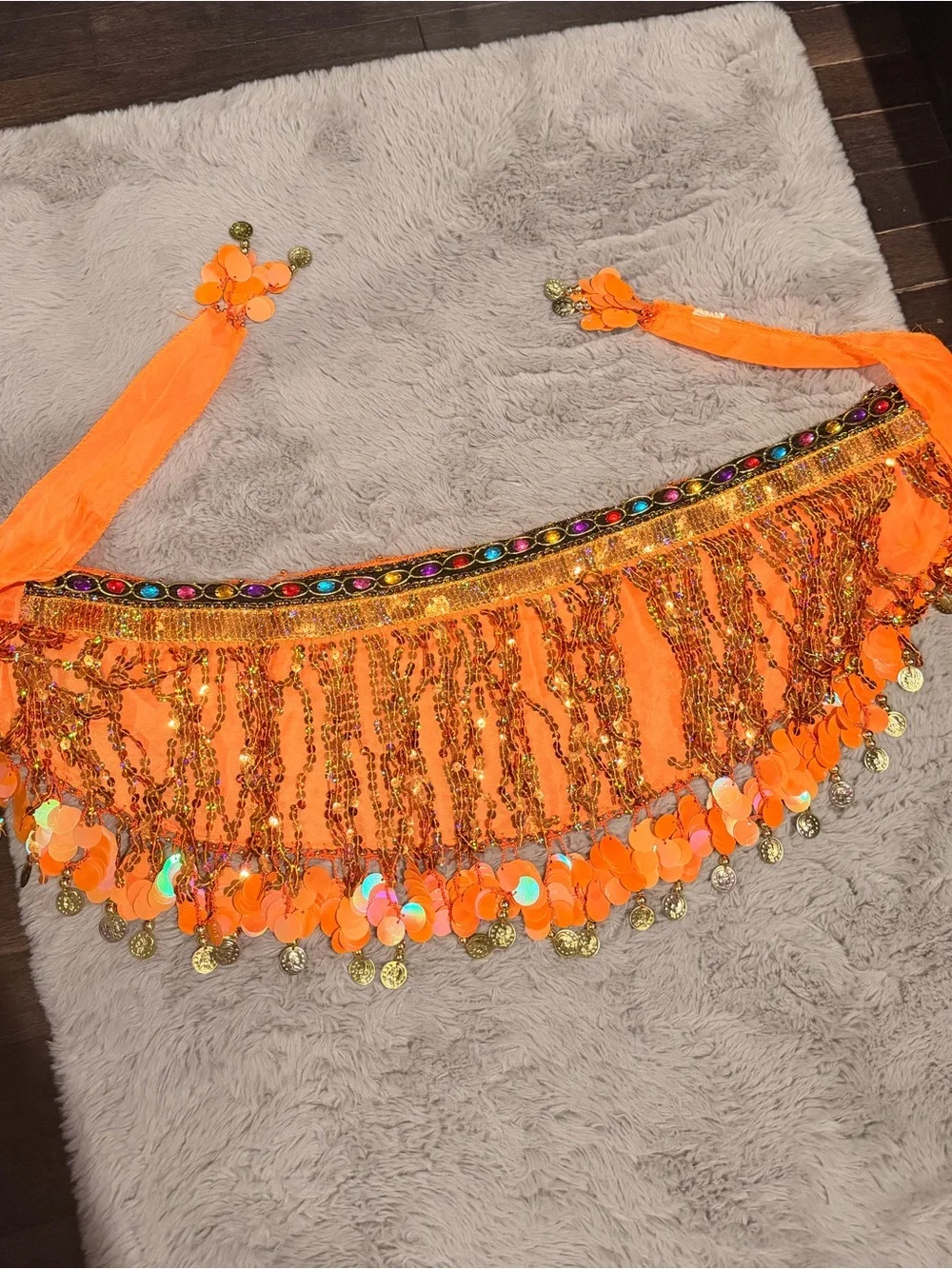 Amazon Orange Sequin Fringe Belly Dance Hip Scarf with Multicolor Gem Trim